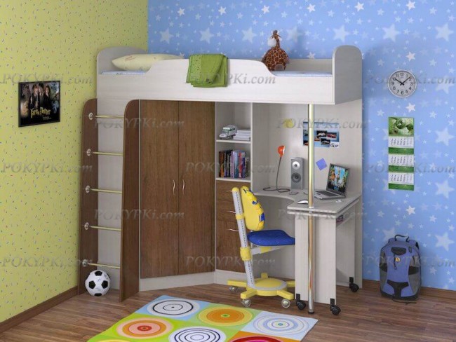 Кровать-чердак Теремок-1-дуб беленый+орех Кровать-чердак Теремок-1-дуб беленый+орех