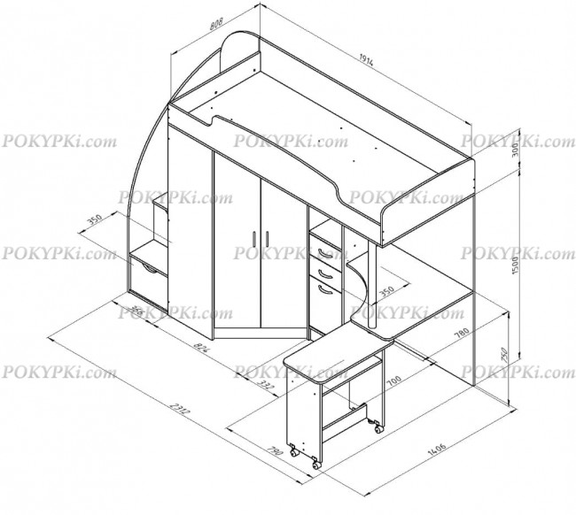 Кровать чердак с рабочей зоной и шкафом Теремок 1 Кровать чердак с рабочей зоной и шкафом Теремок 1