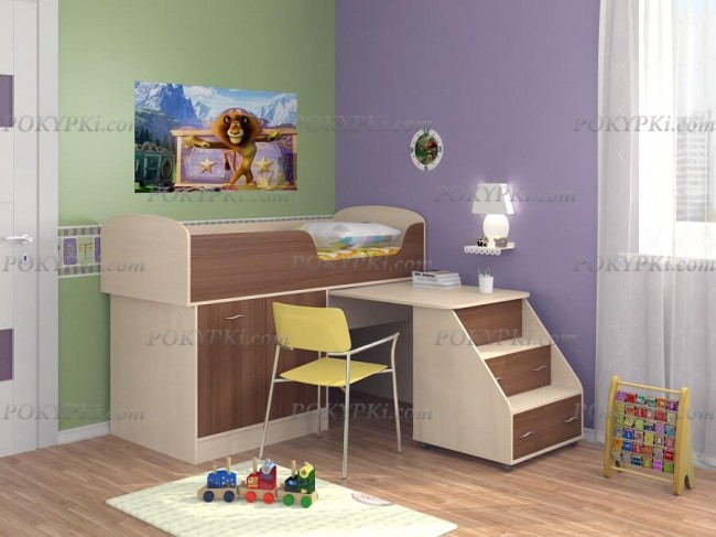 Кровать-чердак Дюймовочка 2-дуб молочный+орех Кровать-чердак Дюймовочка 2-дуб молочный+орех
