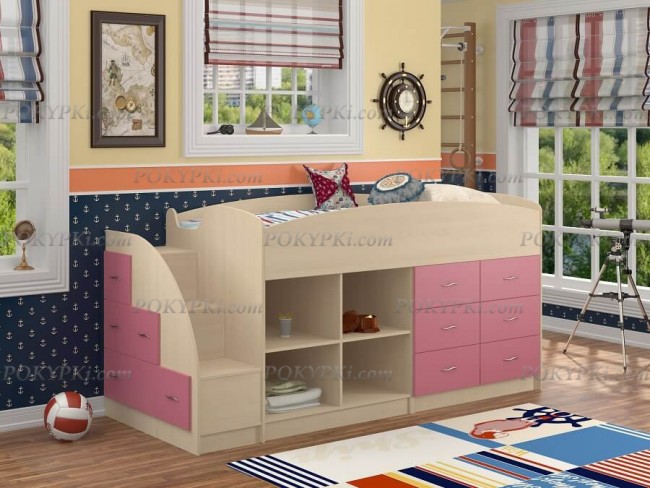 Кровать-чердак Дюймовочка 4.1-дуб_розовый Кровать-чердак Дюймовочка 4.1-дуб_розовый
